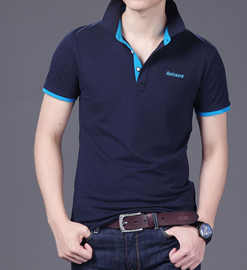 精棉萊卡高檔POLO衫定做，藏青色搭配天藍(lán)色款式圖