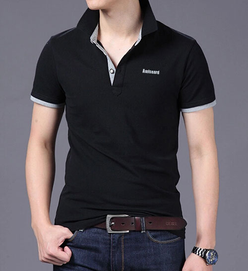 精棉萊卡高檔POLO衫定做，黑色搭配花灰色效果款式圖