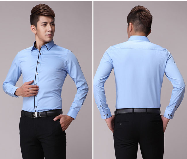 淺藍嵌黑邊職業裝男襯衫訂做前后款式效果圖