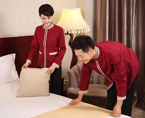 暗紅色長袖保潔員工作服定做款式展示圖