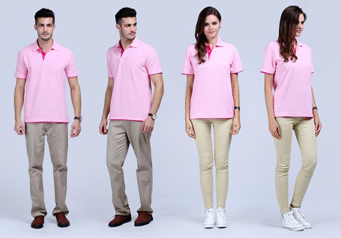 粉色雙下擺短袖翻領t恤衫款式前后效果展示圖